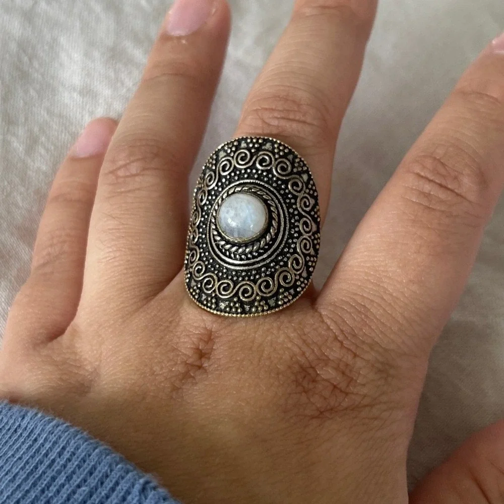 Gold Boho Filigree Moonstone Cabochon Statement Ring 9 Celestial Whimsygoth